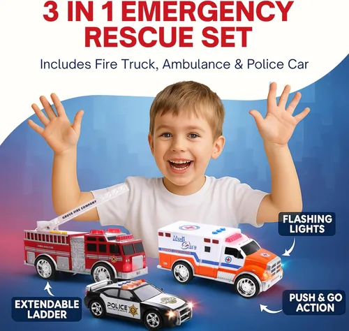 Miniatura 6 de Juego de vehículos de emergencia de juguete para niños con luces y sonidos (camión de bomberos, automóvil de policía y ambulancia) 3 en 1
