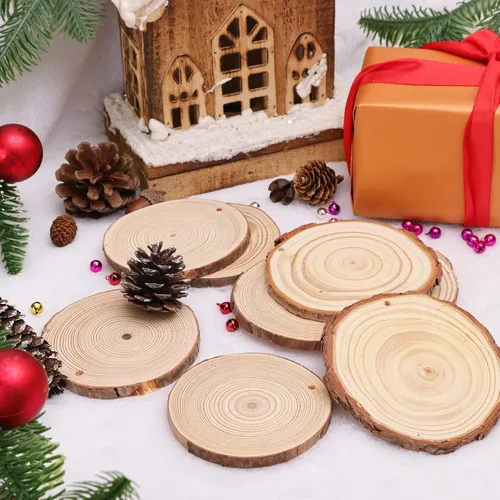 Miniatura 5 de Max Fun Rebanadas de madera natural, 30 piezas de 3.5 a 4 pulgadas, adornos de Navidad de madera sin terminar, preperforados, círculos de madera