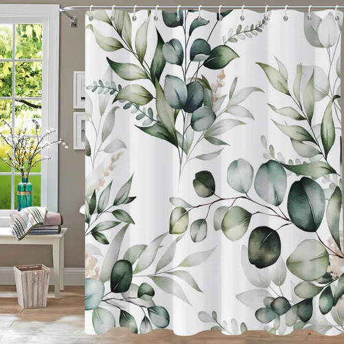 Miniatura 14 de Cortina de ducha, cortinas de eucalipto púrpura para baño, cortinas de baño con hojas en acuarela lavables, impermeables, juego de cortinas de hojas