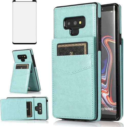 Funda tipo cartera de piel verde para Samsung Galaxy Note 9 con protector de vidrio templado, tarjetero y función atril