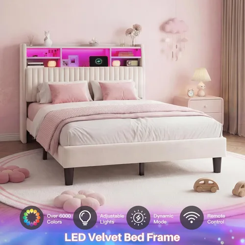 Miniatura 4 de Homkdom Base de cama de tamaño matrimonial, cabecera tapizada de canal vertical con estantes de almacenamiento, marco de cama de terciopelo con Beige