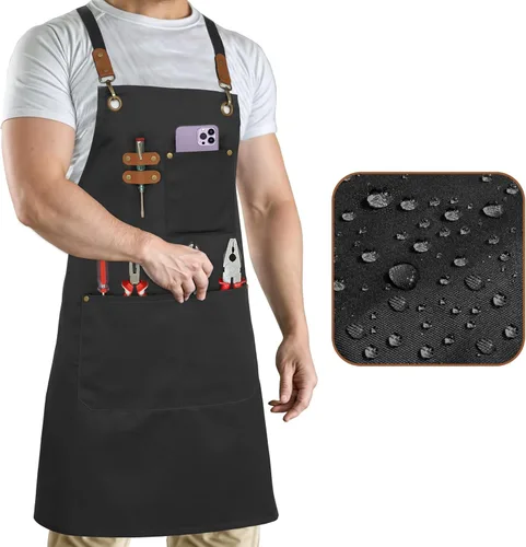 Miniatura 8 de RUVANTI Delantales de trabajo para hombres y mujeres con bolsillos, ajustables hasta XXL, durabilidad de grado profesional, delantal negro