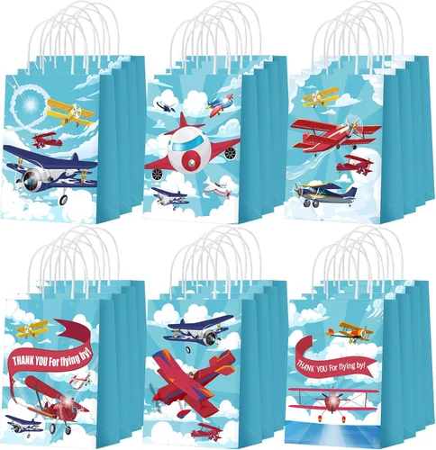 Outus 24 piezas Bolsas de regalo de fiesta en avión Bolsas de papel de avión Bolsas de regalo lisas Bolsa de regalo azul Avión de papel Bolsa de