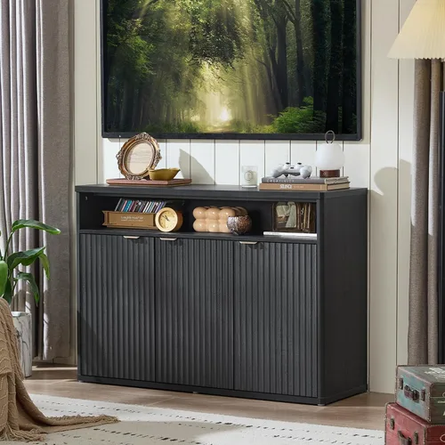Miniatura 7 de LEYAOYAO Gabinete de buffet acanalado con almacenamiento, aparador de madera de 45 pulgadas de ancho con 3 puertas y estante de almacenamiento