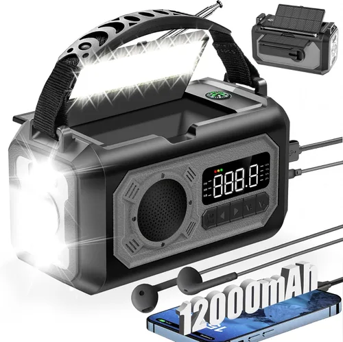 Miniatura 9 de Radio meteorológica de emergencia de 12000 mAh, radio solar con manivela, radio portátil AM/FM/NOAA con 2 paneles solares, 3 métodos de carga