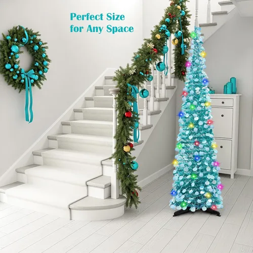 Miniatura 3 de MACTING Árbol de Navidad desplegable con 50 luces LED con temporizador, 5 pies, árbol de lápiz de oropel plegable de fácil montaje, árbol artificial