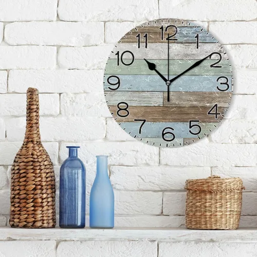 Miniatura 3 de Reloj de pared de madera azul y marrón, estilo rústico costero, decorativo, redondo, funciona con pilas, sin tictac, silencioso, cuarzo analógico