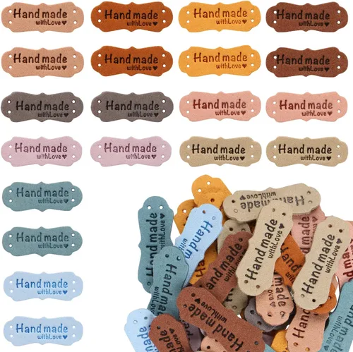60 etiquetas hechas a mano de piel sintética, etiquetas en relieve hechas a mano con agujeros para ropa de ganchillo, adornos en relieve, tejer