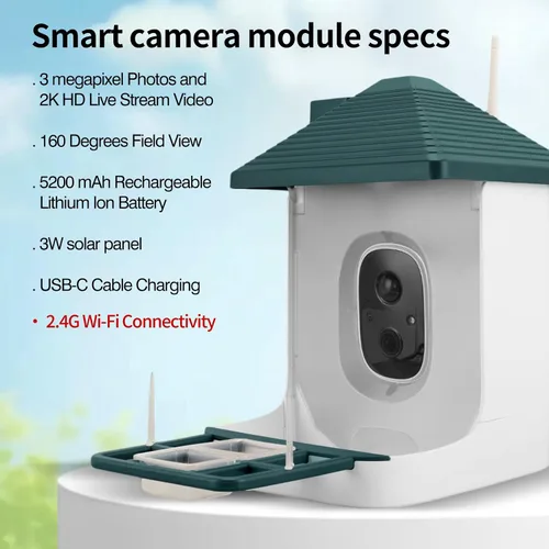 Miniatura 2 de Alimentador inteligente para pájaros con cámara, identificación de especies por IA, casa para pájaros con energía solar, alertas de llegada