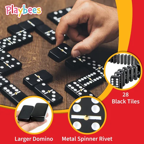 Miniatura 5 de Playbees Juego de Dominó Jumbo Doble Seis - 28 Fichas Clásicas Negras en Estuche de Cuero Sintético - Divertido Juguete Educativo para Niños, Niñas