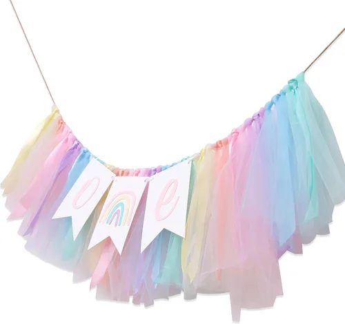 Miniatura 9 de Cartel para silla alta de arcoíris pastel, cartel de tul y cinta para silla de bebé de primer cumpleaños, decoraciones de arcoíris