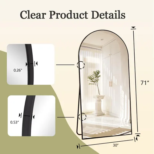 Miniatura 5 de BEAUTYPEAK Espejo de cuerpo completo con arco de 71 x 30 pulgadas, espejo de pared para colgar o inclinar con parte superior arqueada con soporte