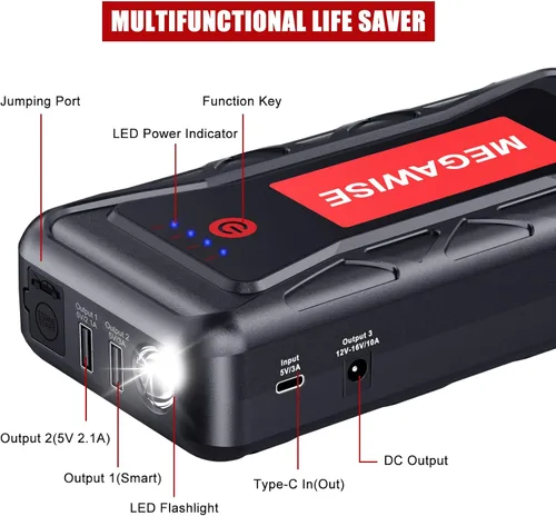Miniatura 6 de MEGAWISE 2500A Peak 21800mAh - Batería de arranque portátil para coche (hasta 8.0L Gas/6.5L motores diésel) 12V Paquete de alimentación portátil