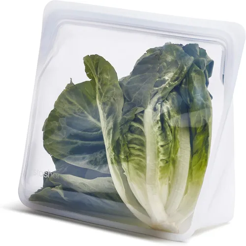 Bolsa de almacenamiento de alimentos reutilizable de silicona premium Stasher, transparente, mega, con base, apta para microondas, al vacío,