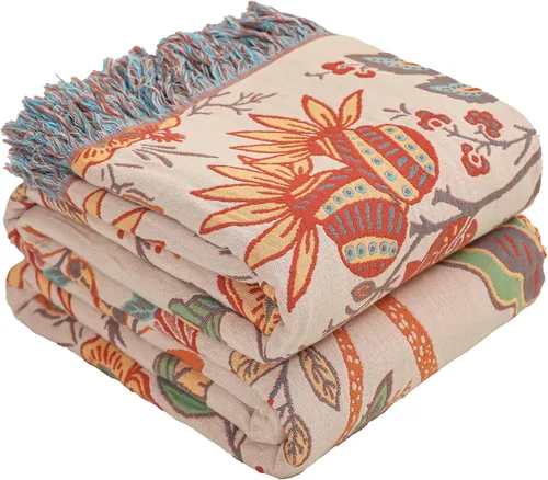 Miniatura 27 de Manta bohemia 100% algodón orgánico ultra suave transpirable rústico edredón de 50 x 60 pulgadas con pájaros y flores para sofá, silla, cama, sillón