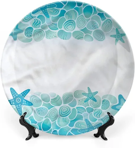 Miniatura 9 de XISUNYA Plato decorativo de porcelana de 6 pulgadas, plato de porcelana oceánica, superficie ondulada con fondo de grava, estampado de paisaje Azul