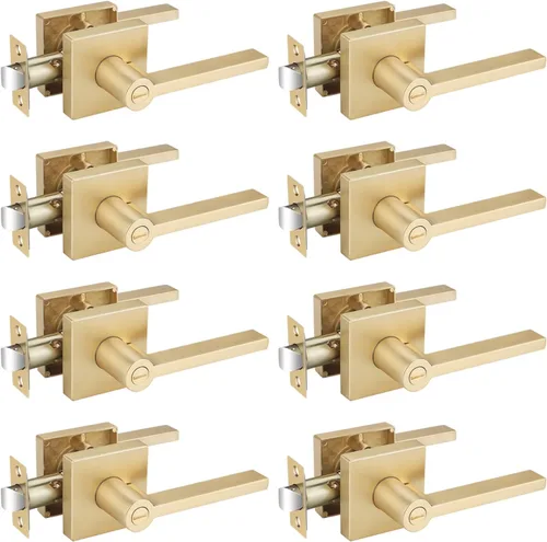 Miniatura 27 de EHOMEWARE Juego de manijas de puerta delantera doradas, palanca de puerta cuadrada resistente de latón y cerrojo de un solo cilindro reversible
