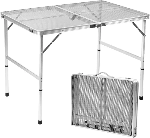 Miniatura 13 de Mesa plegable de 4 pies con escritorio de malla metálica, mesa de campamento con asa de transporte, altura ajustable (16.5 y 26 pulgadas), mesa al