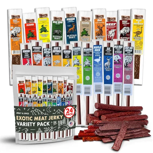 Buffalo Bob's Wild Game Meat Snacks - Bocadillos de carne (24 unidades) | Paquete surtido de cecina de res con tiras y palitos sabrosos | Paquete