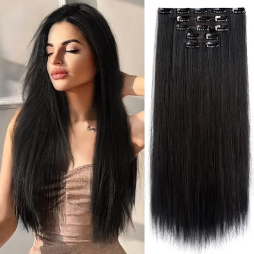 Miniatura 25 de Extensiones de cabello sintético con clip, color burdeos de 18 pulgadas de largo, invisibles, gruesas, extensiones de cabello lacio con clips, 5
