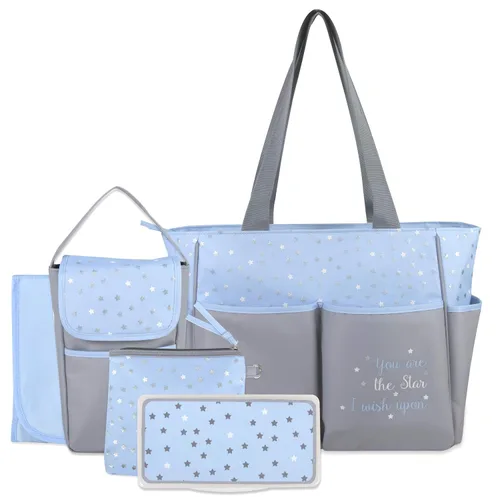 Miniatura 8 de Baby Essentials Juego de 5 bolsas para pañales con sol, luna y estrellas, bolsillo para toallitas, bolsa para pañales sucios, cambiador Gris/ agua