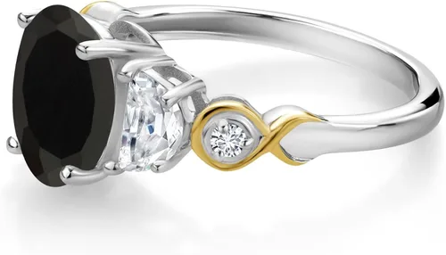 Miniatura 3 de Gem Stone King Anillo ovalado de plata 925 y oro amarillo de 10 quilates, moissanita creada y diamante cultivado en laboratorio de 3 piedras