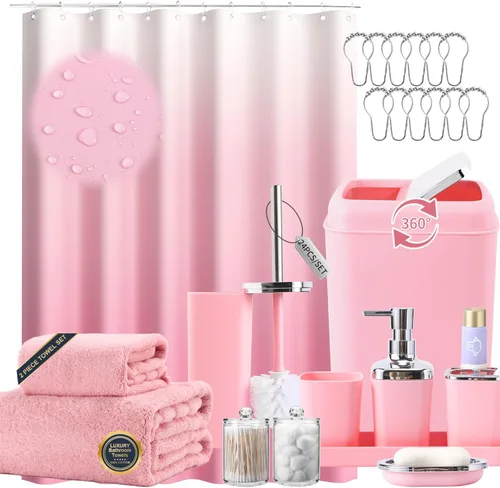 Miniatura 20 de XLHOMO - Juego de baño beige de plástico de 9 piezas, con basurero, dispensador de jabón, portacepillos de dientes, vaso, jabonera, cepillo