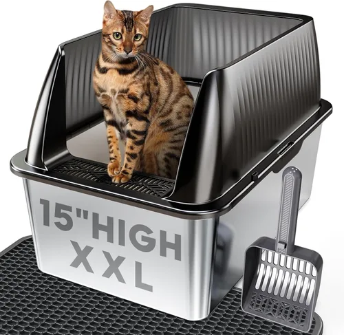 Miniatura 9 de Tripamin Caja de arena para gatos de acero inoxidable XL de 15 pulgadas, lados altos XXL de acero inoxidable con tapa, caja de arena de metal