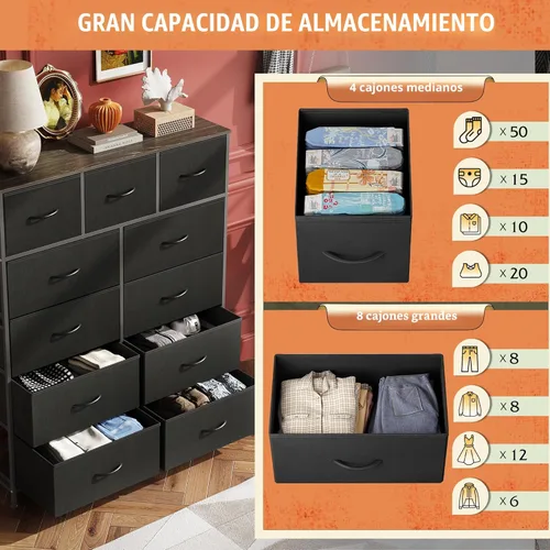 Miniatura 5 de WLIVE Cómoda alta para dormitorio, torre de almacenamiento de aparadores de tela, cómoda y cómoda con 11 cajones, armario de almacenamiento, Negro