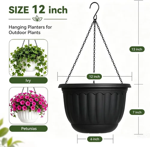 Miniatura 2 de YIKUSH Macetas colgantes de 12 pulgadas para plantas al aire libre, paquete de 2 macetas colgantes de plástico con orificio de drenaje y bandeja