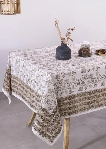Miniatura 3 de Labhanshi Mantel rectangular de 6 plazas de algodón prelavado con estampado indio a mano, 60 x 90 pulgadas, diseño floral de algodón prelavado