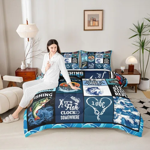 Miniatura 4 de Manfei Go Fishing Juego de edredón tamaño King para niños, juego de ropa de cama con diseño geométrico de peces de bass y rombos, decoración