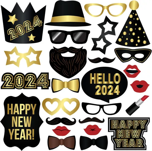 Accesorios grandes para cabina de fotos de Año Nuevo 2023 – Paquete de 26 | Accesorios de cabina de fotos de Año Nuevo de papel negro dorado |