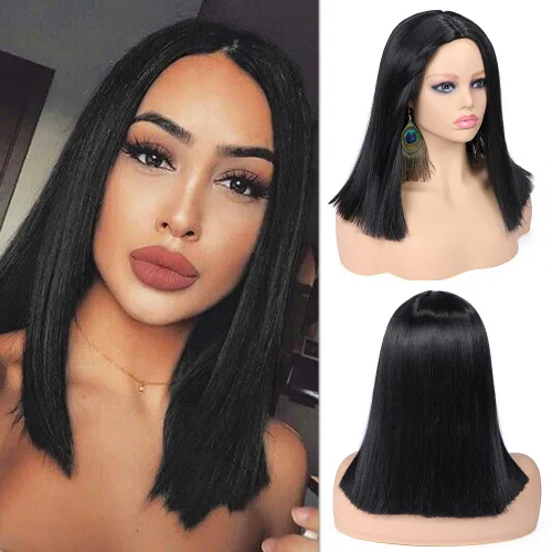 Miniatura 14 de Quick Wig - Pelucas Ombre, verde menta, corto, lacio, peluca bob, parte media sintética, para uso diario, cosplay, fiesta, pelucas completas