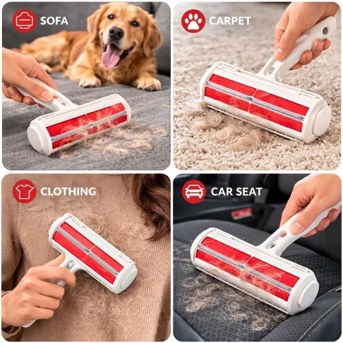 Miniatura 4 de Removedor de pelo de mascotas – Rodillo de pelusa reutilizable con depósito grande para sofá, alfombra, asiento de coche y ropa – Rojo