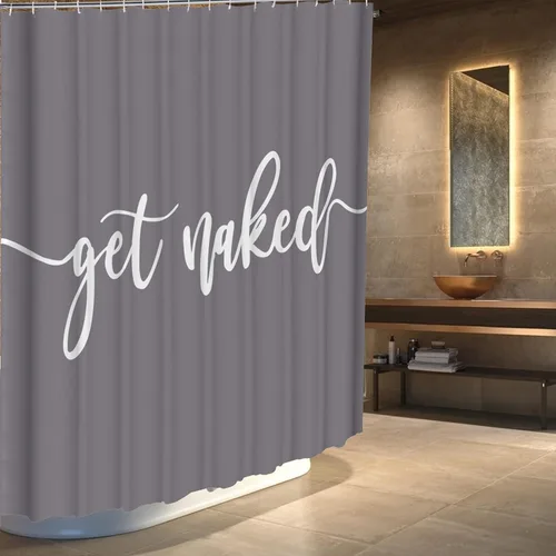 Miniatura 2 de Cortina de ducha divertida y linda con texto en inglés «Get Nake», fondo gris, palabras blancas, lavable a máquina, juego de decoración de baño