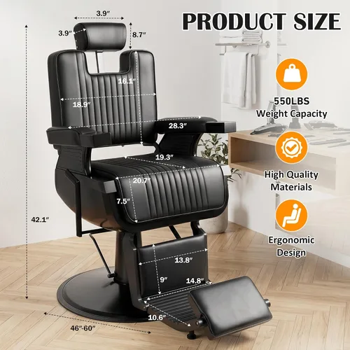 Miniatura 3 de Hydraulic Barber Chair All Black, 550LBS Heavy Duty Barbershop Chair, Adjustable Reclining Salon Chair, Professional Hair Stylist Chair for