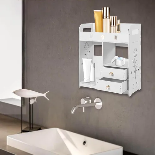 Miniatura 4 de Armario de baño, estante montado en la pared con cajón, estantes de madera para medicamentos, organizador de almacenamiento sobre el inodoro