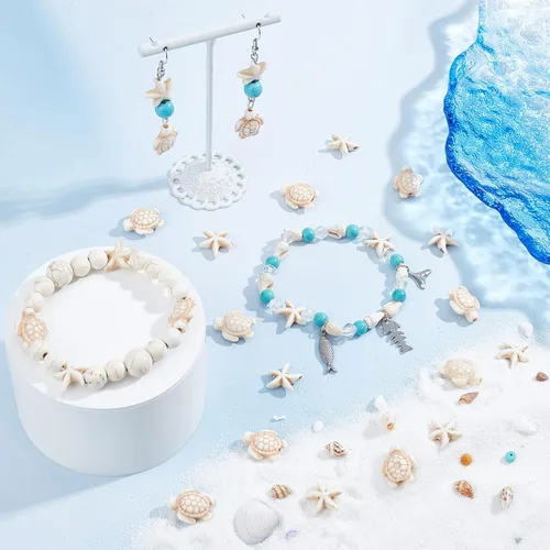 Miniatura 4 de SUNNYCLUE 1 caja de 200 cuentas de tortuga blancas de estrellas de mar a granel sintéticas turquesas tortugas cuentas verano mar océano animal