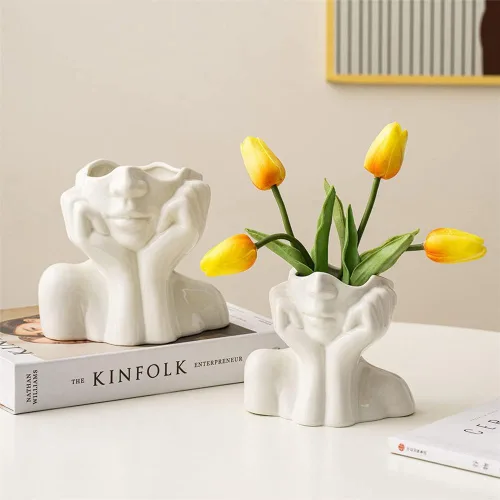 Miniatura 5 de Jarrón grande de cerámica, jarrones de flores blancas para decoración de forma femenina, jarrón de medio cuerpo, bohemio, único, decorativo
