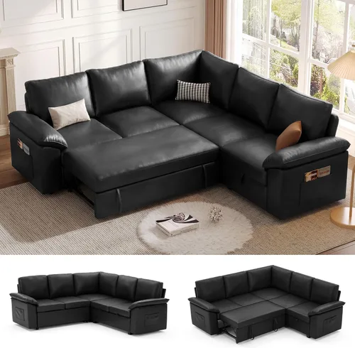 Miniatura 12 de Sofá Seccional Modular de 85 Pulgadas con Cama Extraíble, Sofá Cama Seccional en Forma de L de 5 Asientos con Almacenamiento, Sofás Seccionales