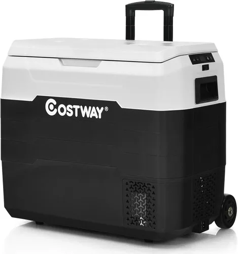 COSTWAY Refrigerador eléctrico de doble zona de 42 cuartos de galón con mango telescópico, 12 V/24 V CC, 100-240 V CA, -4 °F a 50 °F, refrigerador