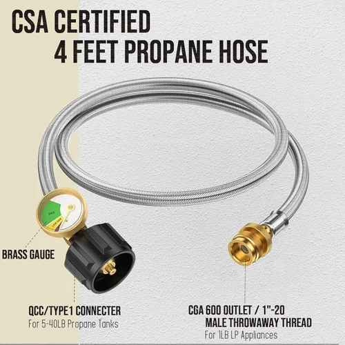 Miniatura 2 de Manguera adaptadora de propano de 4 pies, convertidor de 1 lb a 20 lb con medidor para tanque QCC1 conecta un aparato portátil de 1 lb a tanque
