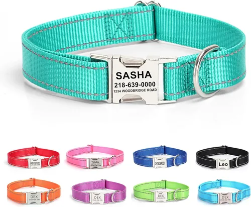 Miniatura 22 de Collar de perro personalizado con etiqueta de nombre, collar de nailon reflectante para mascotas, collares de perro con hebilla grabada Rosa