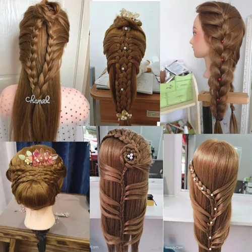 Miniatura 3 de Cabeza de maniquí con 60% cabello real, cabeza de práctica y entrenamiento para peluquería, maniquí para cosmetología, con 9 herramientas y soporte