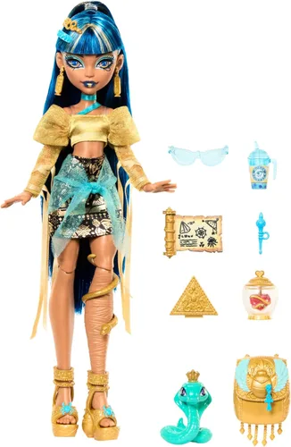 Miniatura 4 de Muñeca Monster High Cleo De Nile con blusa dorada y falda de capas, incluye cobra mascota Hissette y accesorios como mochila, snack y pergamino