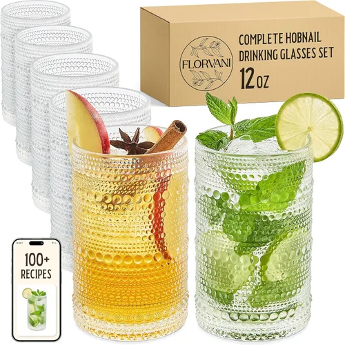 Juego de 6 vasos para beber Hobnail de 12 onzas, juego de cristalería multiusos transparente, vasos decorativos y elegantes para bar, cocina,