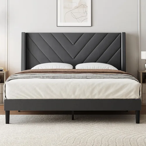 Miniatura 14 de WLIVE Base de cama tapizada de tamaño matrimonial con cabecera de ala de 48 pulgadas de alto, cama cuadrada de terciopelo con estación de carga