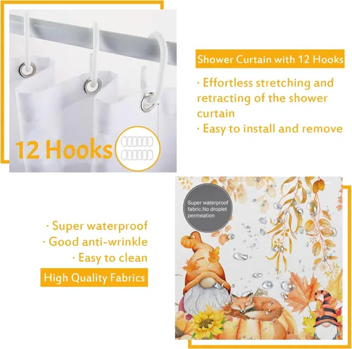 Miniatura 6 de Lutto Cortina de ducha de otoño para baño, juego de baño de otoño con cortina de ducha y alfombras, cortinas de ducha de calabaza de Acción