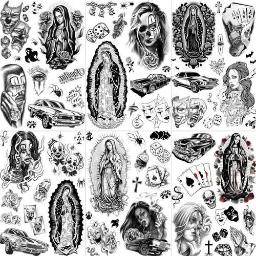 GOROMON 6 Hojas de Tatuajes Temporales Chicanos Para Mujeres Hombres Adultos Kit de Maquillaje Facial de Halloween, Calcomanías de Tatuajes Negros